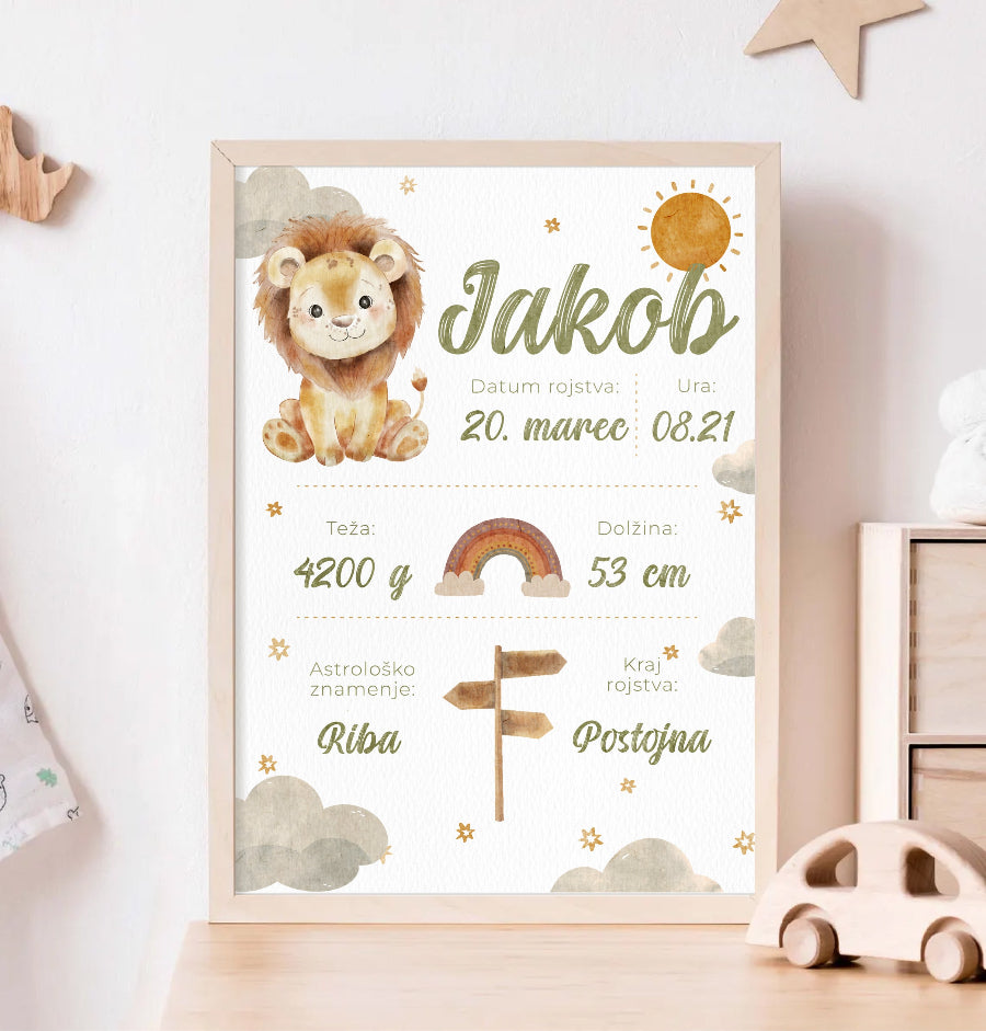 Personaliziran plakat ob rojstvu z rojstnimi podatki kot odlično darilo ali okras za otroško sobo