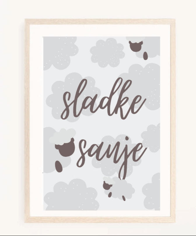 Dekorativni plakat za otrosko sobico z napisom Sladke sanje