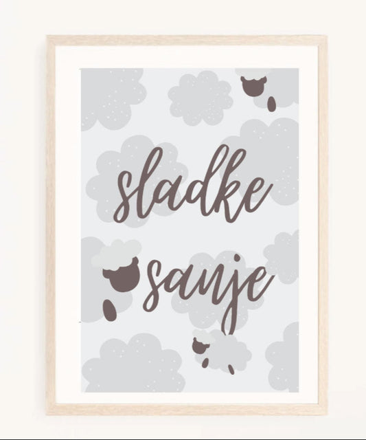 Dekorativni plakat za otrosko sobico z napisom Sladke sanje