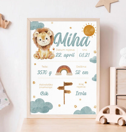 Personaliziran plakat ob rojstvu z rojstnimi podatki kot odlično darilo ali okras za otroško sobo