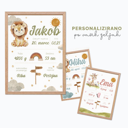 Personaliziran plakat ob rojstvu z rojstnimi podatki kot odlično darilo ali okras za otroško sobo
