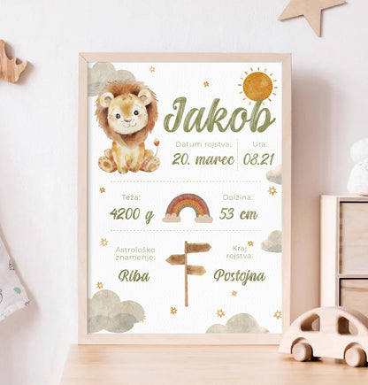Personaliziran plakat ob rojstvu z rojstnimi podatki kot odlično darilo ali okras za otroško sobo