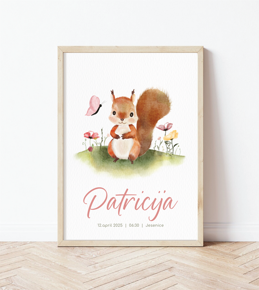 Personaliziran plakat z rojstnimi podatki z ilustracijo veverice Odlično darilo ob rojstvu ali kot dekoracija otroške sobe. 