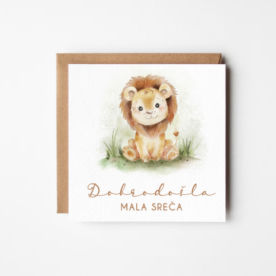 personalizirana čestitka ob rojstvu z ilustracijo levčka