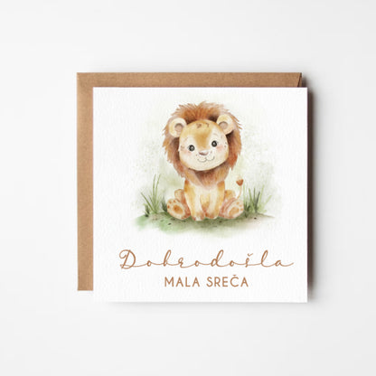 personalizirana čestitka ob rojstvu z ilustracijo levčka