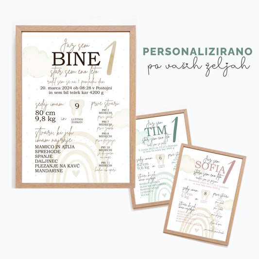 Personaliziran plakat za rojstni dan dojenčka z imenom in podatki o rojstvu, minimalistična grafika v pastelnih barvah, popolno darilo za otroka